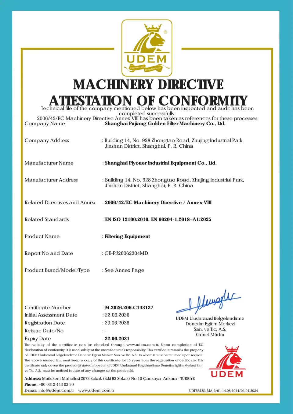 Machinery Directive attestation of conformity for filtering equipment