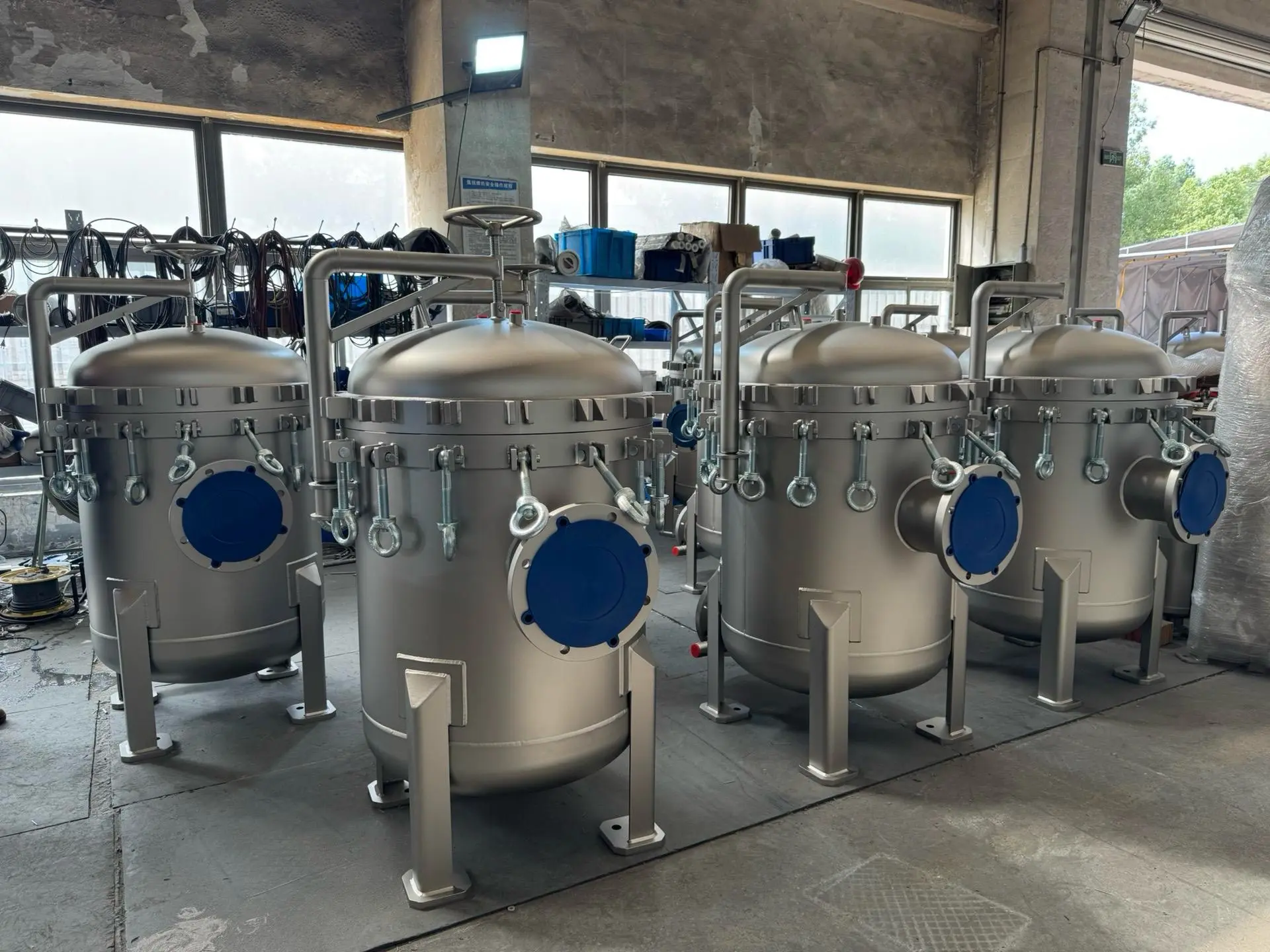 Stainless steel filtration equipment in the workshop
