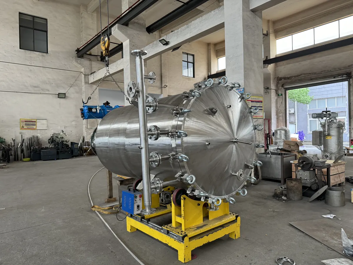 Large stainless steel horizontal candle filter vessel in workshop